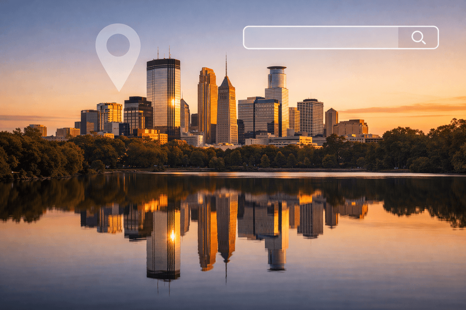 Minneapolis skyline reflected in the water at sunset