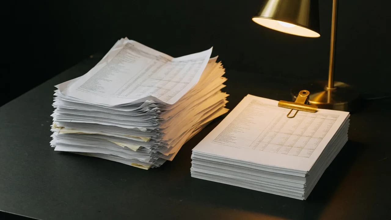A tall messy stack of printed link lists beside a short clipped stack on a dark desk