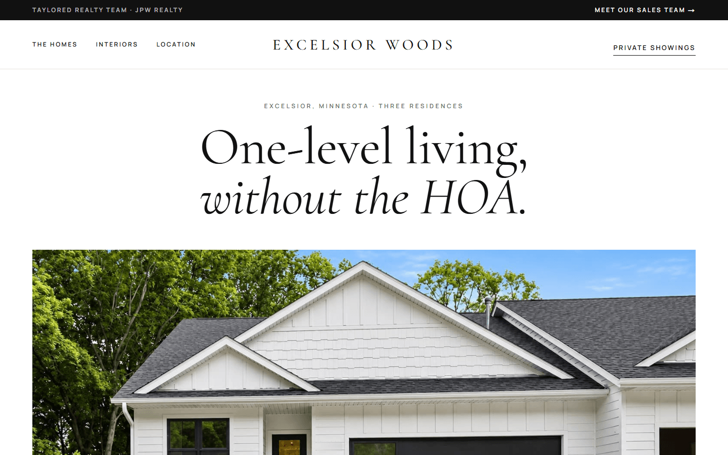 Excelsior Woods website homepage, with the headline One-level living, without the HOA, above a model home exterior