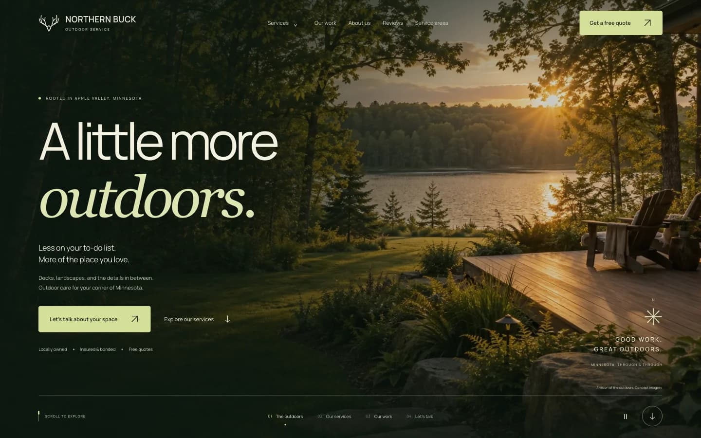 Northern Buck Outdoor Service website design concept on desktop, with a woodland lake at sunset behind the headline A little more outdoors