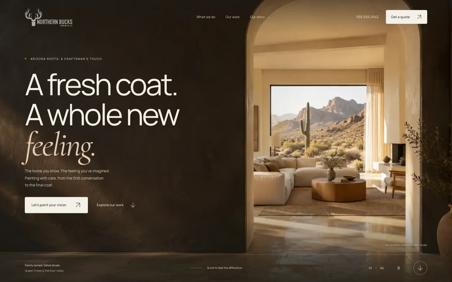 Northern Bucks Painting Co. website design concept on desktop, with a sunlit desert living room seen through an arched doorway