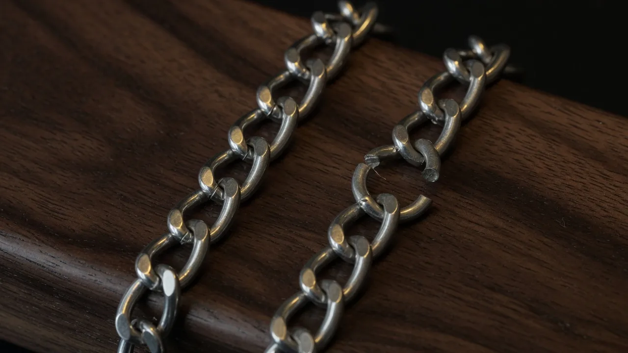 Two chains on dark wood. The left chain is closed all the way through. The right chain has one open link.