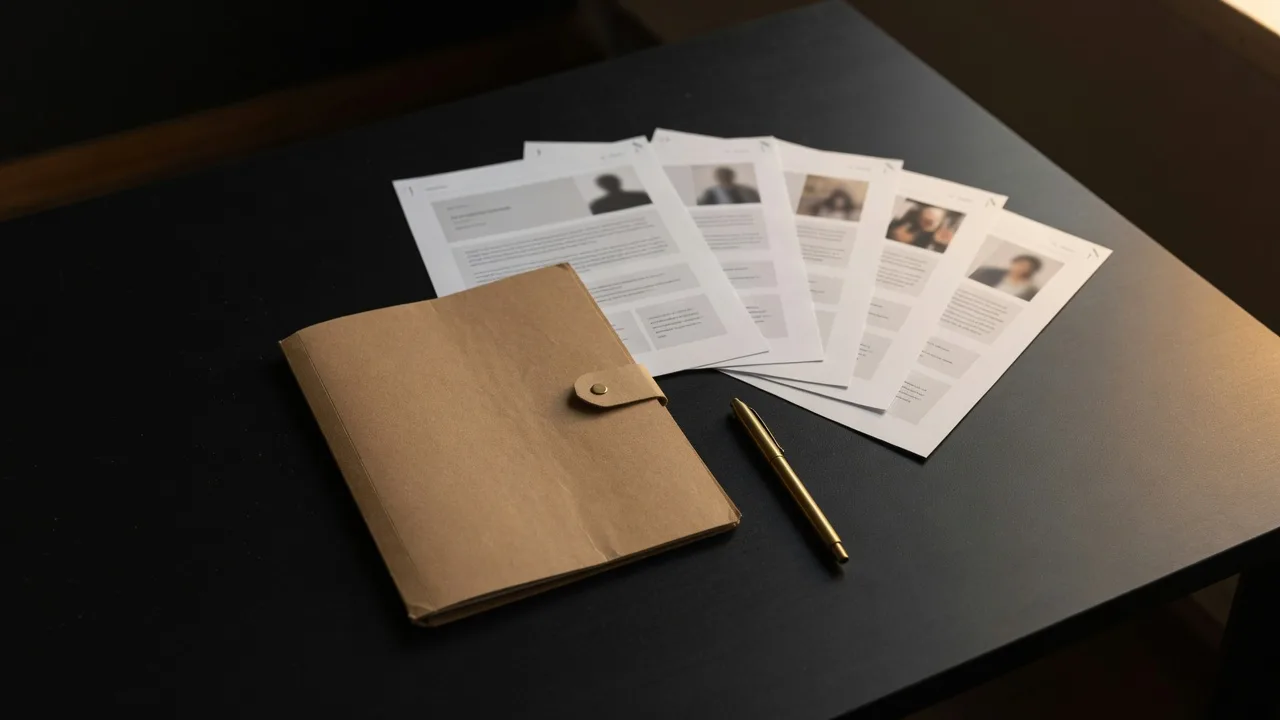 A kraft folder and a brass pen on a dark desk, with a short fan of finished profile pages behind them.