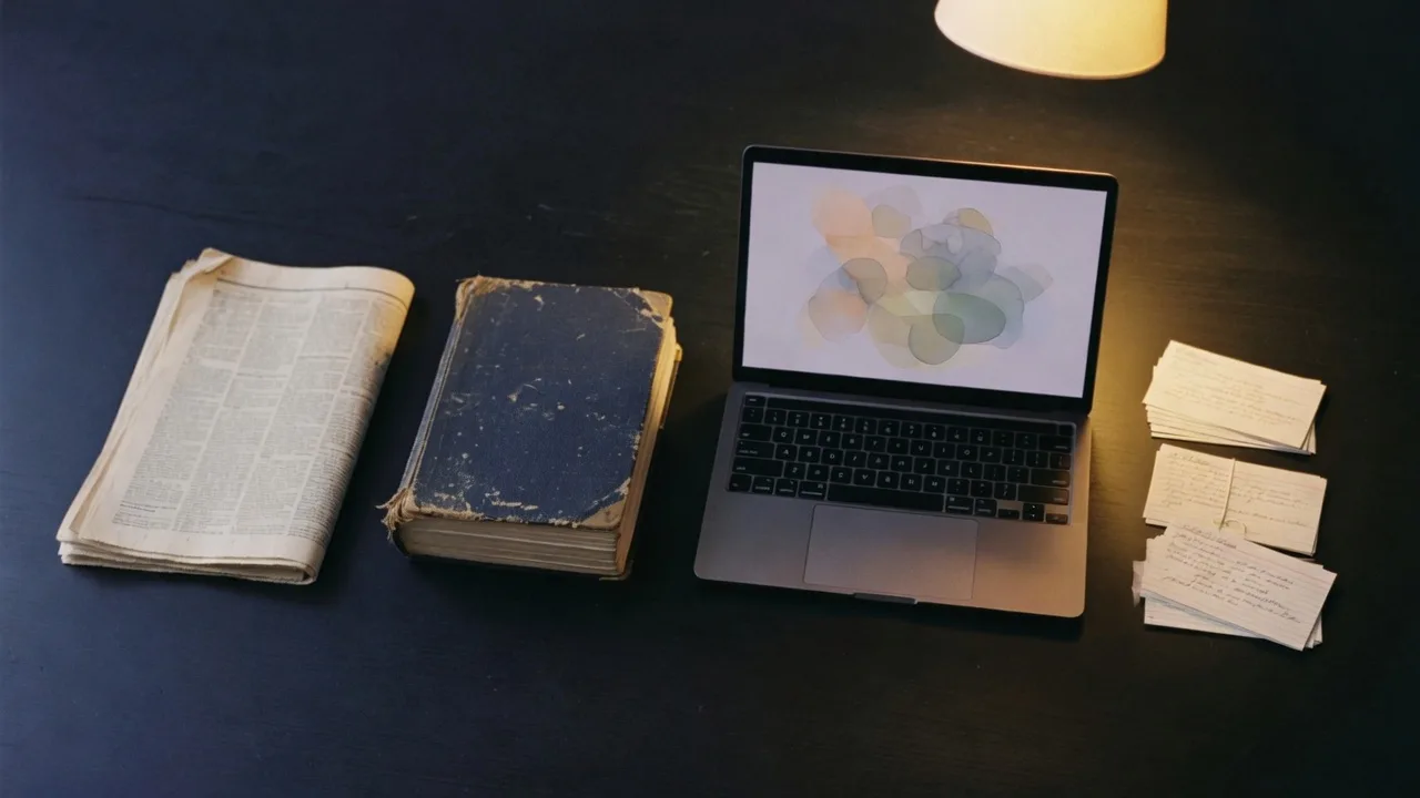 Four objects in a row on a dark desk: a newspaper, a worn directory, a laptop, and a stack of index cards.